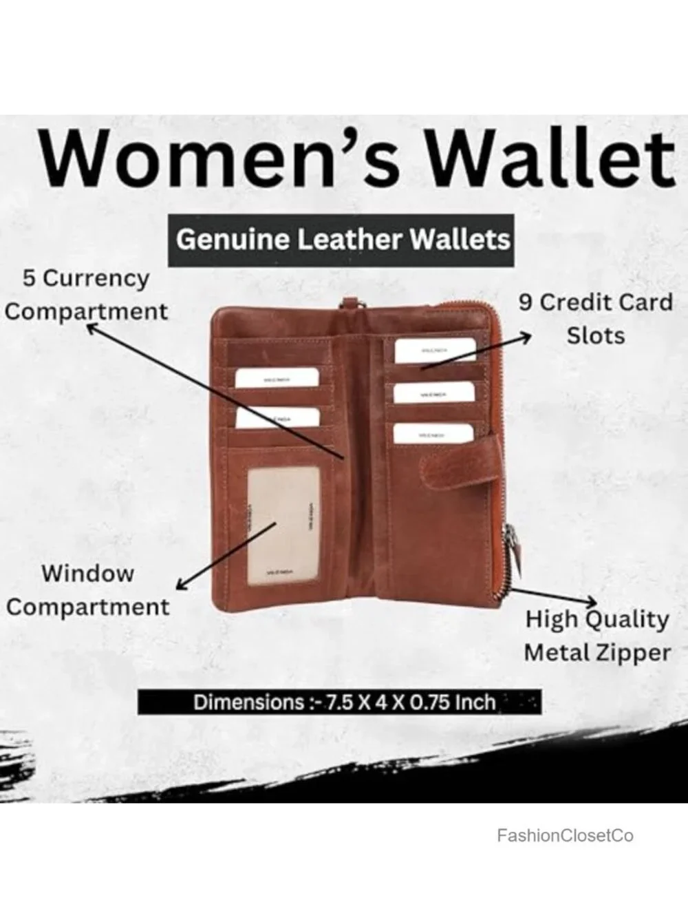 Genuine Leather Zip Around Wallet with Detachable Wristlet